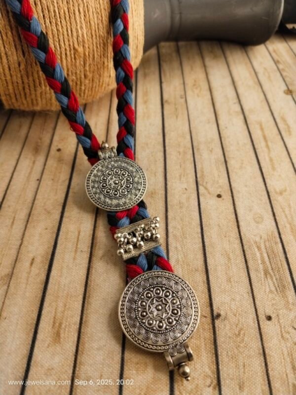 German Silver Oxidised Necklace Set with Thread Work - Image 2