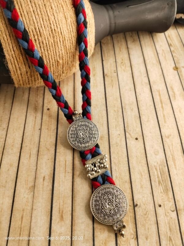 German Silver Oxidised Necklace Set with Thread Work