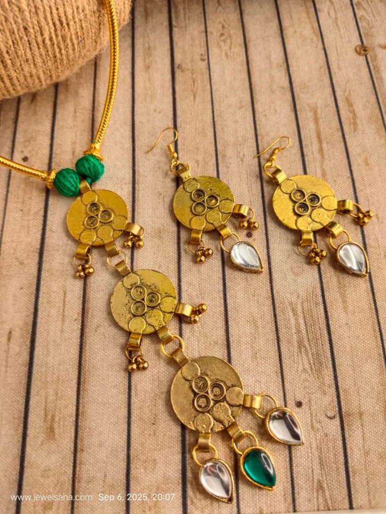 Antique Gold Oxidised Necklace Set with Kundan Beads