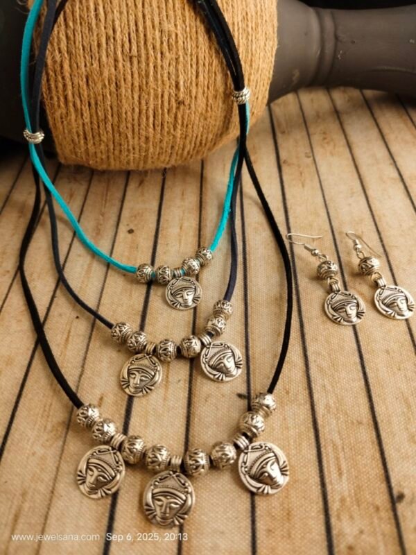 German Silver Oxidised Triple Layered Necklace Set - Image 2