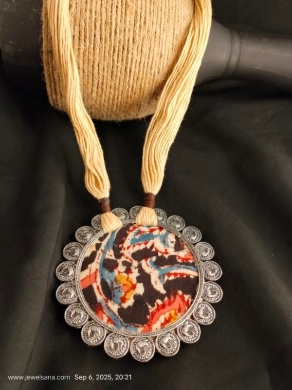 German Silver Oxidised Kada & Fabric Necklace