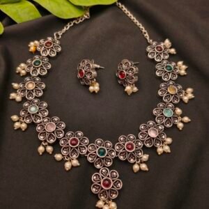 German Silver Oxidised Flower with Stone Necklace Set