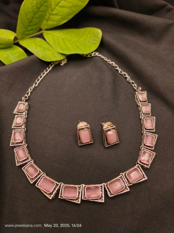German Silver Oxidised Pink Stone Choker Necklace Set