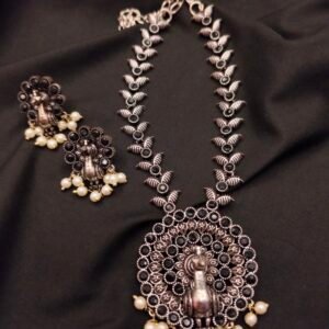 German Silver Oxidised Peacock and Stones Choker Necklace Set