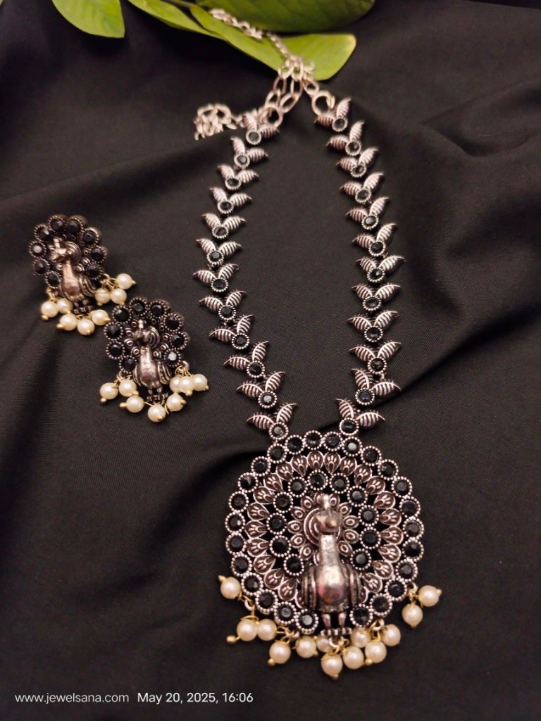 German Silver Oxidised Peacock and Stones Choker Necklace Set
