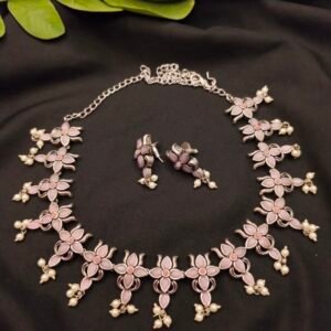 German Silver Oxidised Pink Flower Stone Choker Necklace Set