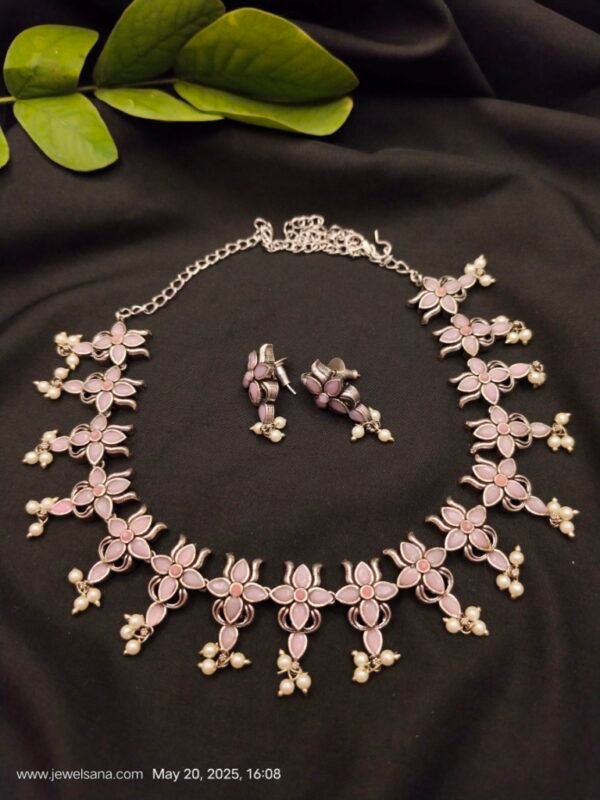 German Silver Oxidised Pink Flower Stone Choker Necklace Set