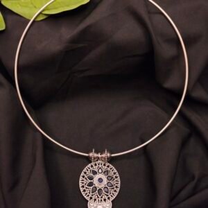 German Silver Oxidised Thin Hasli Necklace with Pendant