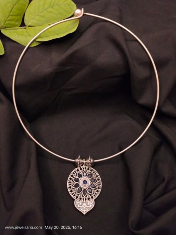 German Silver Oxidised Thin Hasli Necklace with Pendant