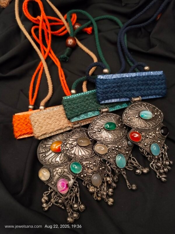 German Silver Oxidised Stone Jute Necklace - Image 5