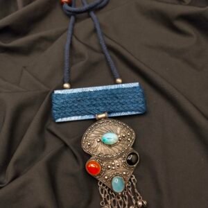 German Silver Oxidised Stone Jute Necklace