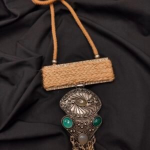 German Silver Oxidised Stone Jute Necklace