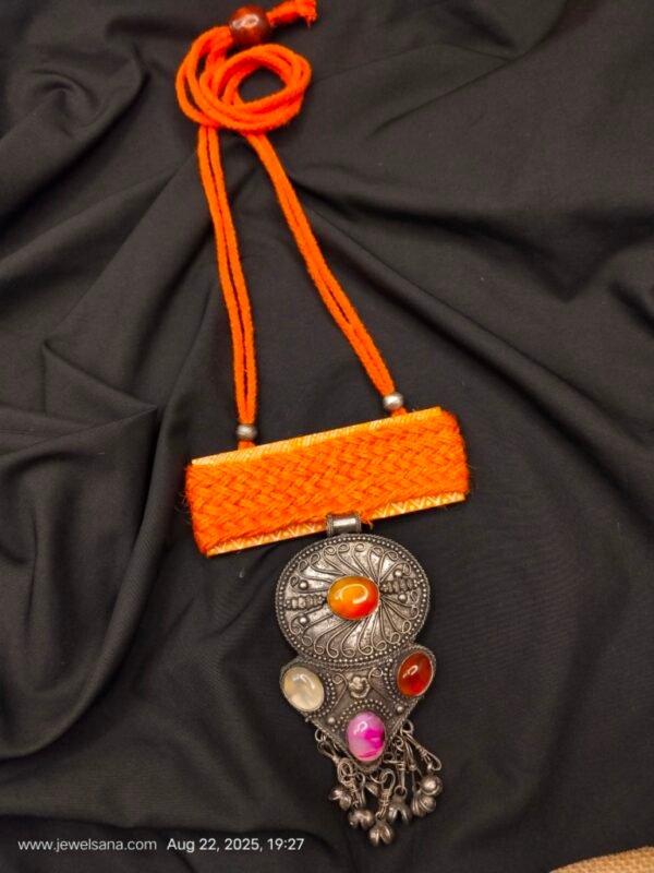 German Silver Oxidised Stone Jute Necklace - Image 3