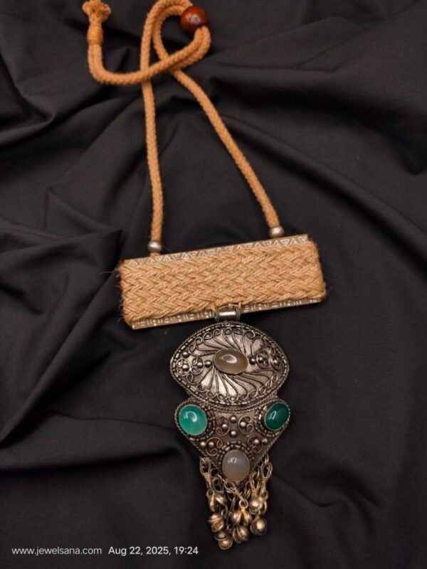German Silver Oxidised Stone Jute Necklace