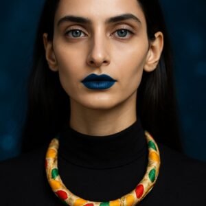 German Silver Oxidised Hasli with Fabric Necklace